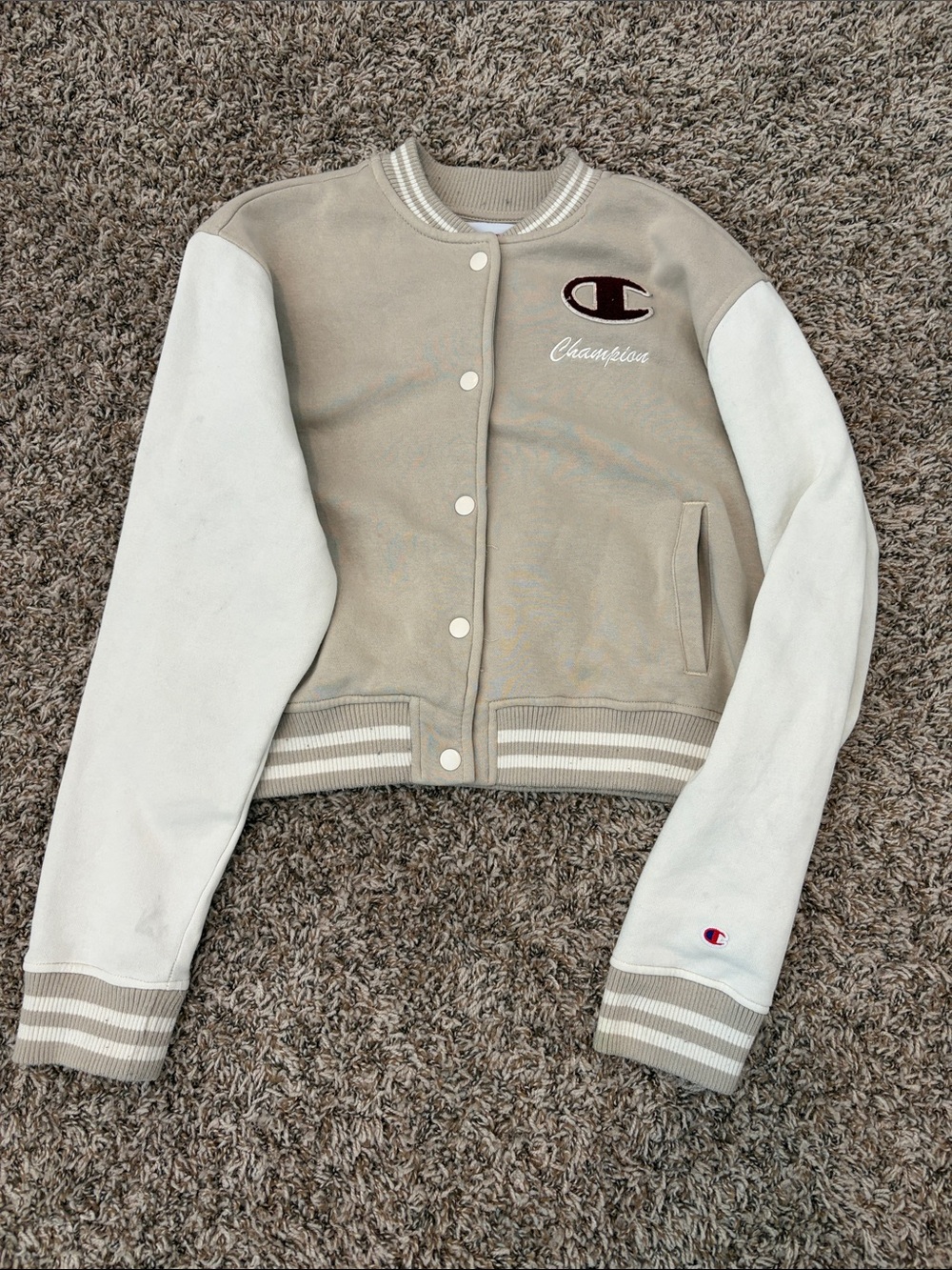 Champion Two-Tone Beige and White Varsity Jacket